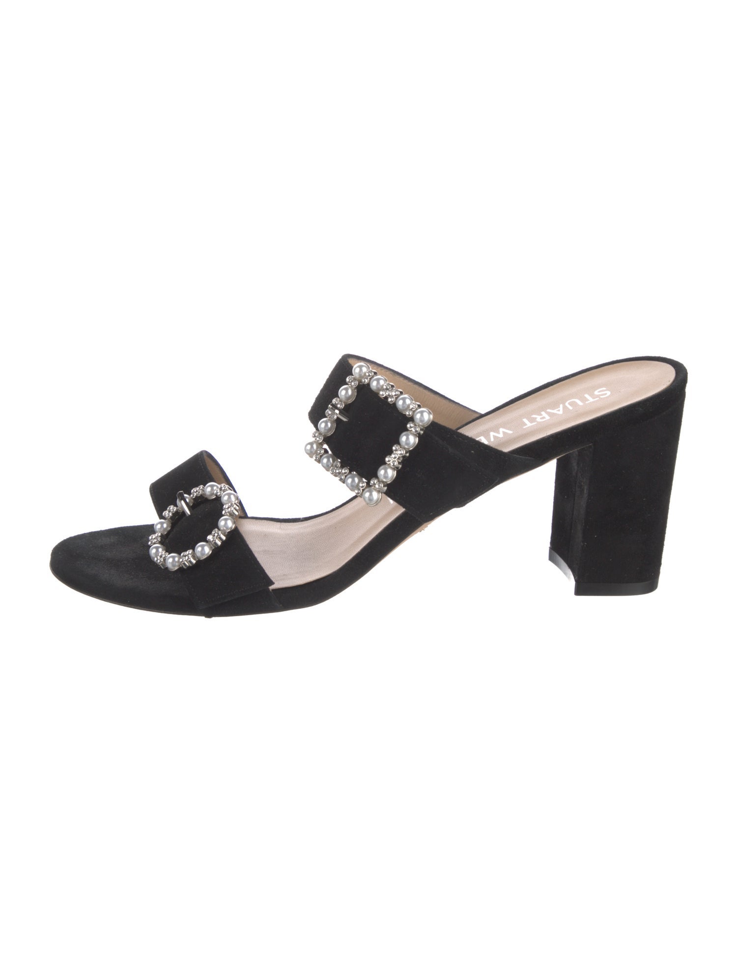 Stuart Weitzman Suede Crystal Embellishments Slides