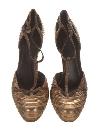 Stuart Weitzman Embossed Leather Animal Print T-Strap Pumps