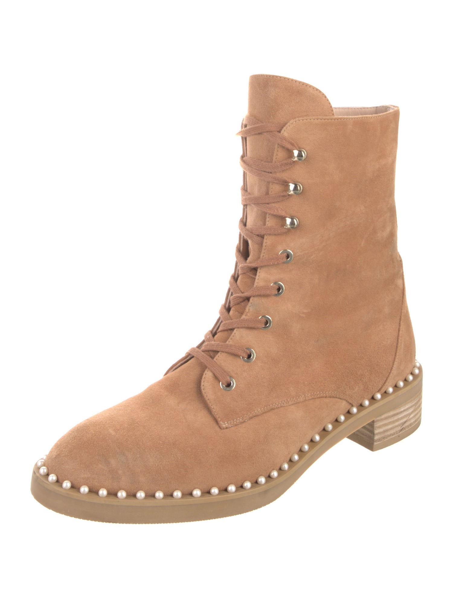 Stuart Weitzman Faux Pearl Accents Suede Combat Boots