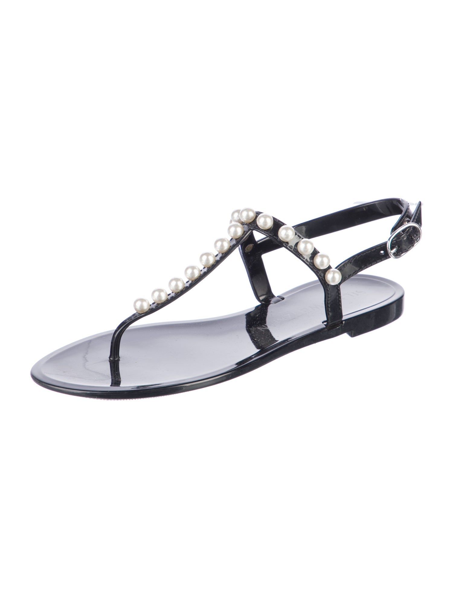 Stuart Weitzman Faux Pearl Accents Rubber T-Strap Sandals