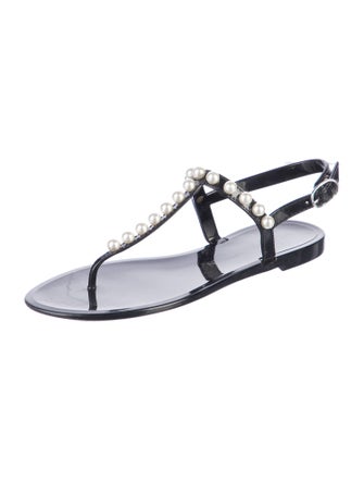 Stuart Weitzman Faux Pearl Accents Rubber T-Strap Sandals