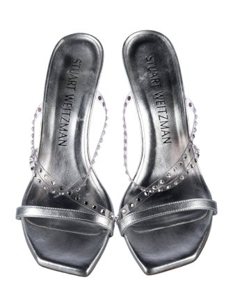 Stuart Weitzman Leather Crystal Embellishments Slides