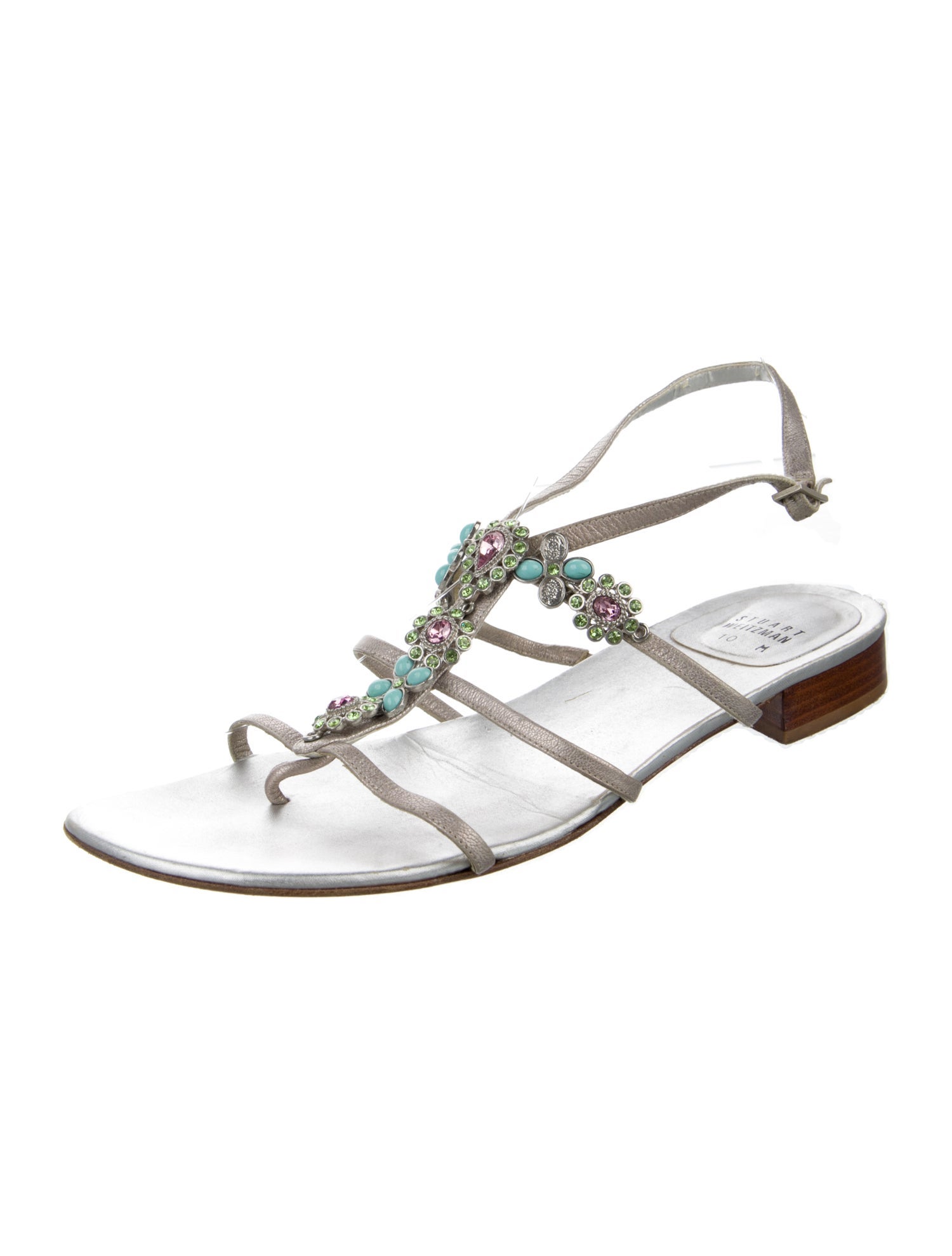 Stuart Weitzman Leather Crystal Embellishments T-Strap Sandals