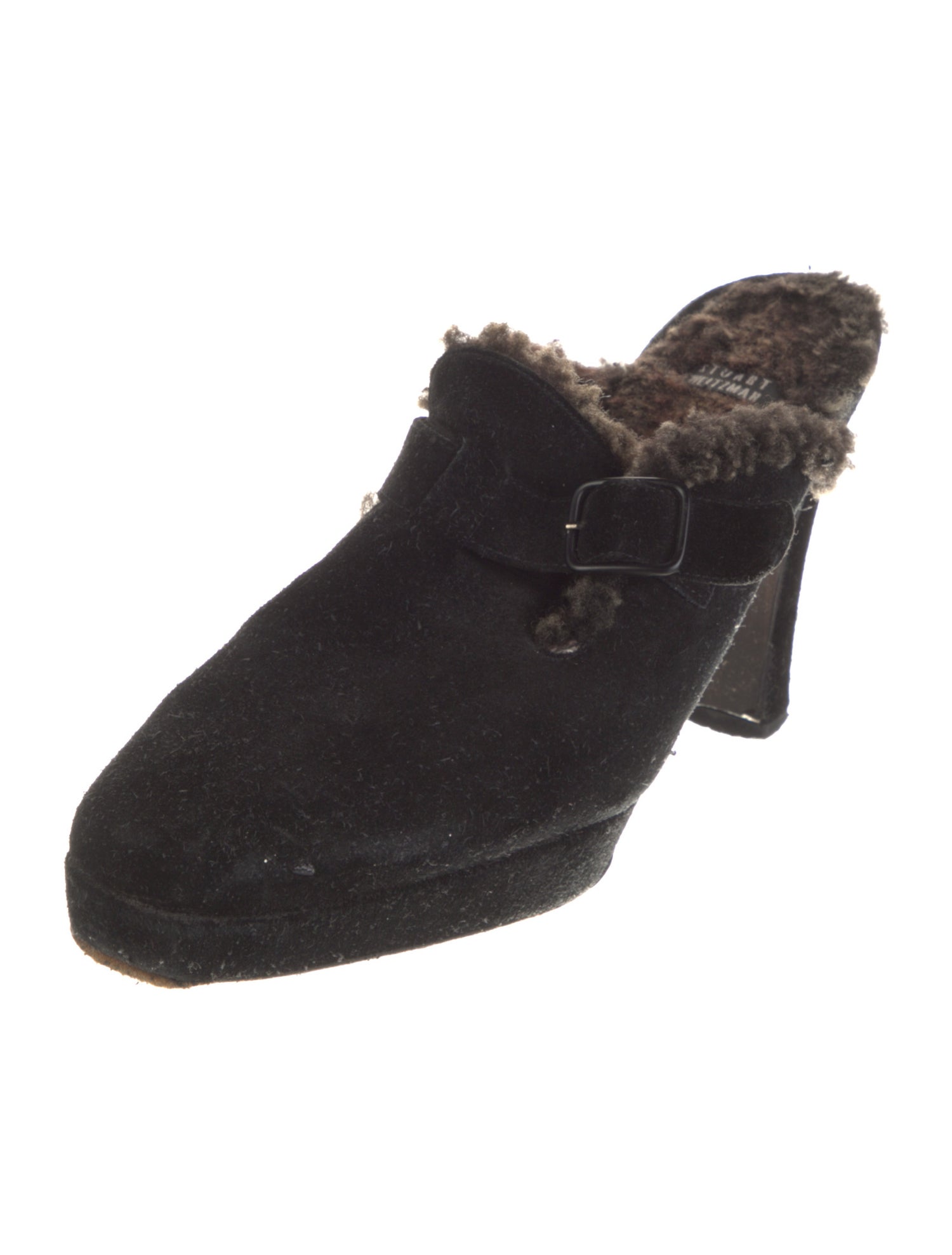 Stuart Weitzman Suede Faux Fur Trim Mules