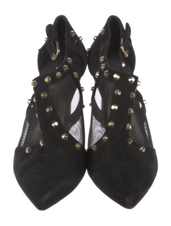 Stuart Weitzman Suede Mesh Accents T-Strap Pumps