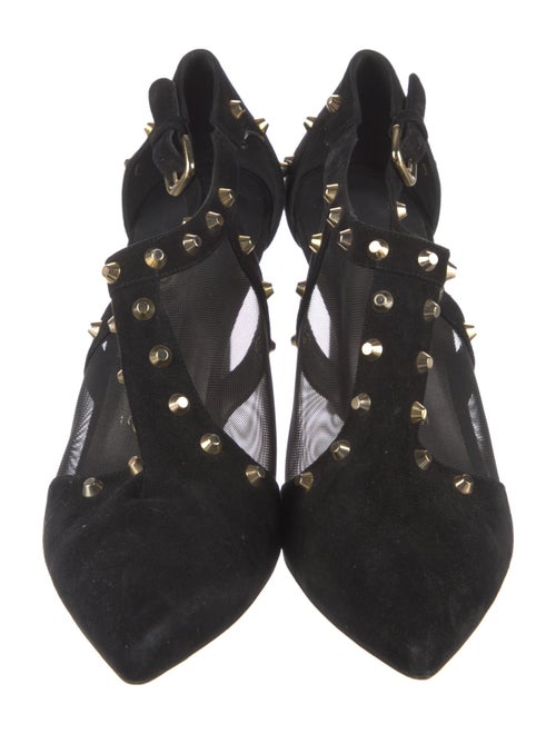 Stuart Weitzman Suede Mesh Accents T-Strap Pumps