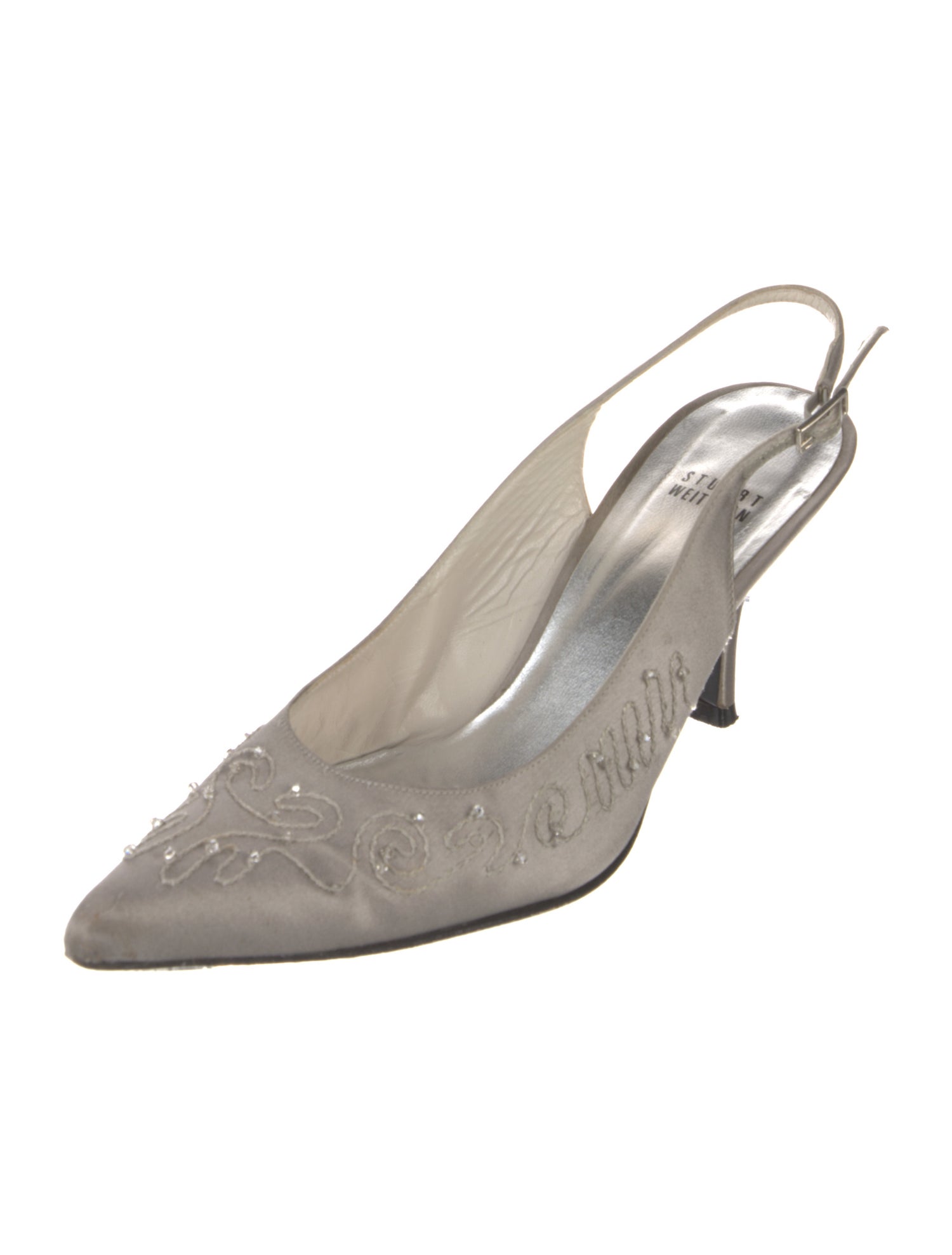 Stuart Weitzman Satin Beaded Accents Slingback Pumps