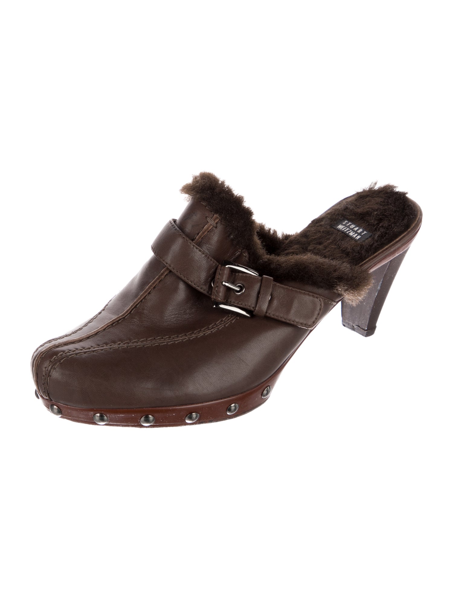 Stuart Weitzman Leather Faux Fur Trim Mules