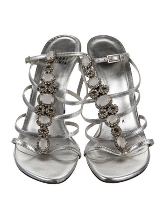 Stuart Weitzman Leather Crystal Embellishments T-Strap Sandals