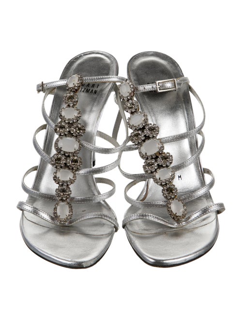 Stuart Weitzman Leather Crystal Embellishments T-Strap Sandals