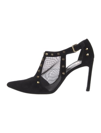 Stuart Weitzman Suede Mesh Accents T-Strap Pumps