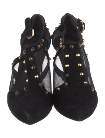 Stuart Weitzman Suede Mesh Accents T-Strap Pumps