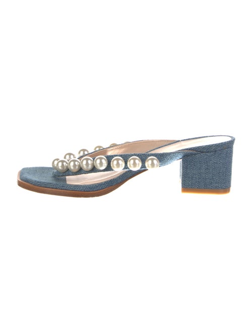 Stuart Weitzman Faux Pearl Accents Denim Slides