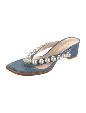 Stuart Weitzman Faux Pearl Accents Denim Slides