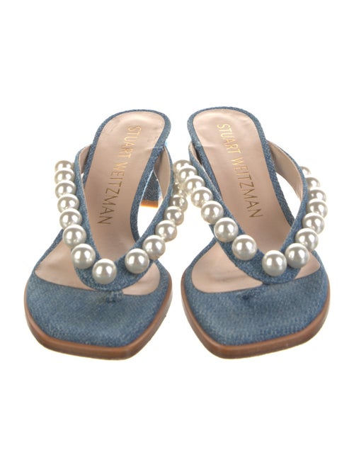 Stuart Weitzman Faux Pearl Accents Denim Slides