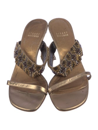 Stuart Weitzman Leather Crystal Embellishments Slides