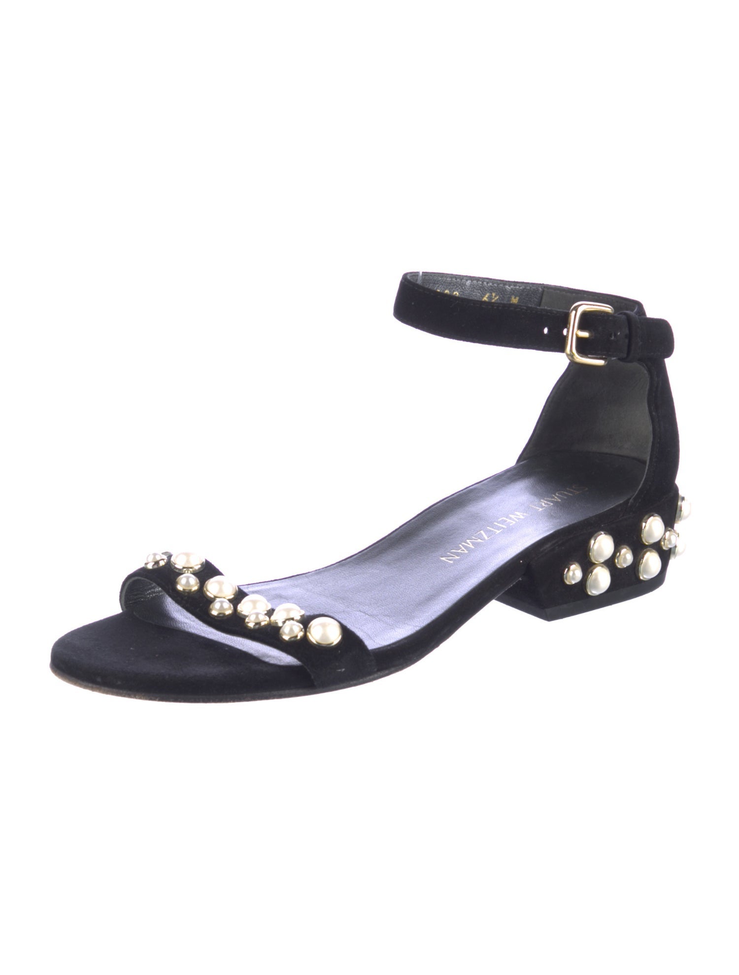 Stuart Weitzman Faux Pearl Accents Suede Sandals