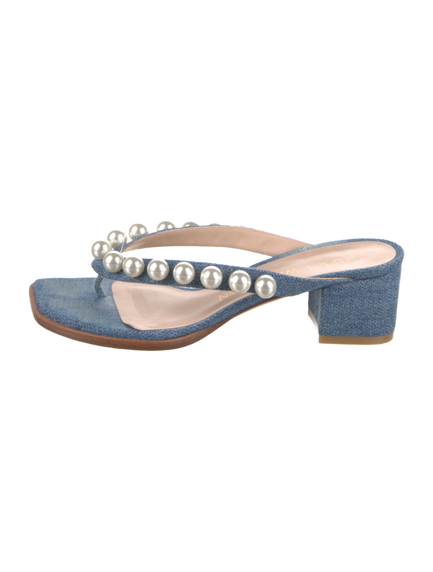 Stuart Weitzman Denim Beaded Accents Slides