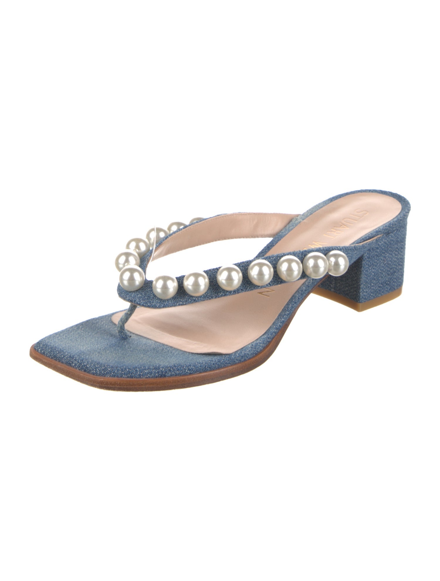 Stuart Weitzman Denim Beaded Accents Slides