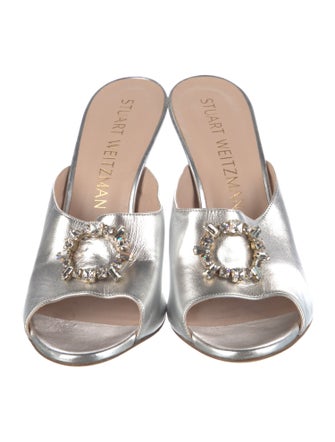 Stuart Weitzman Leather Crystal Embellishments Slides