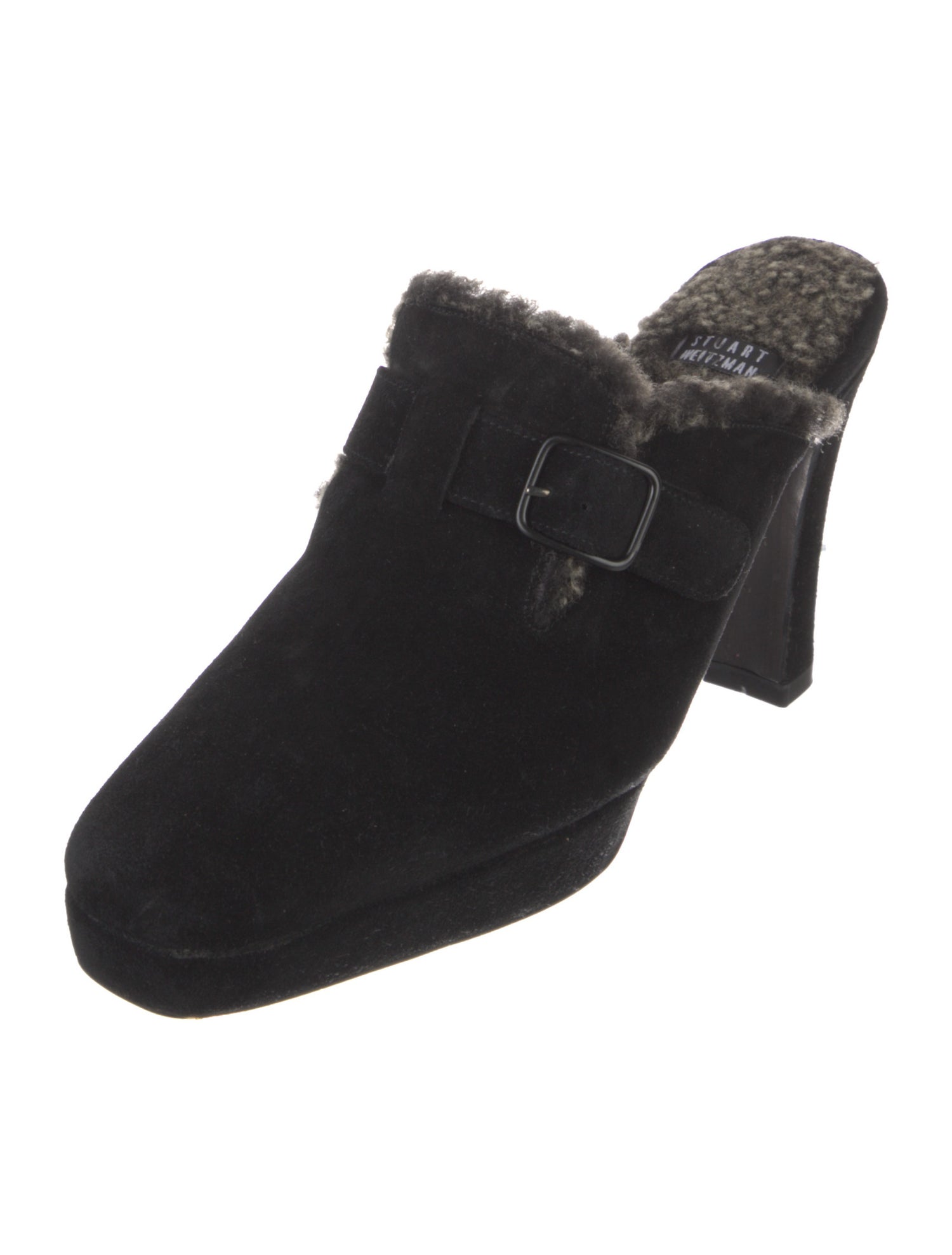 Stuart Weitzman Suede Faux Fur Trim Mules