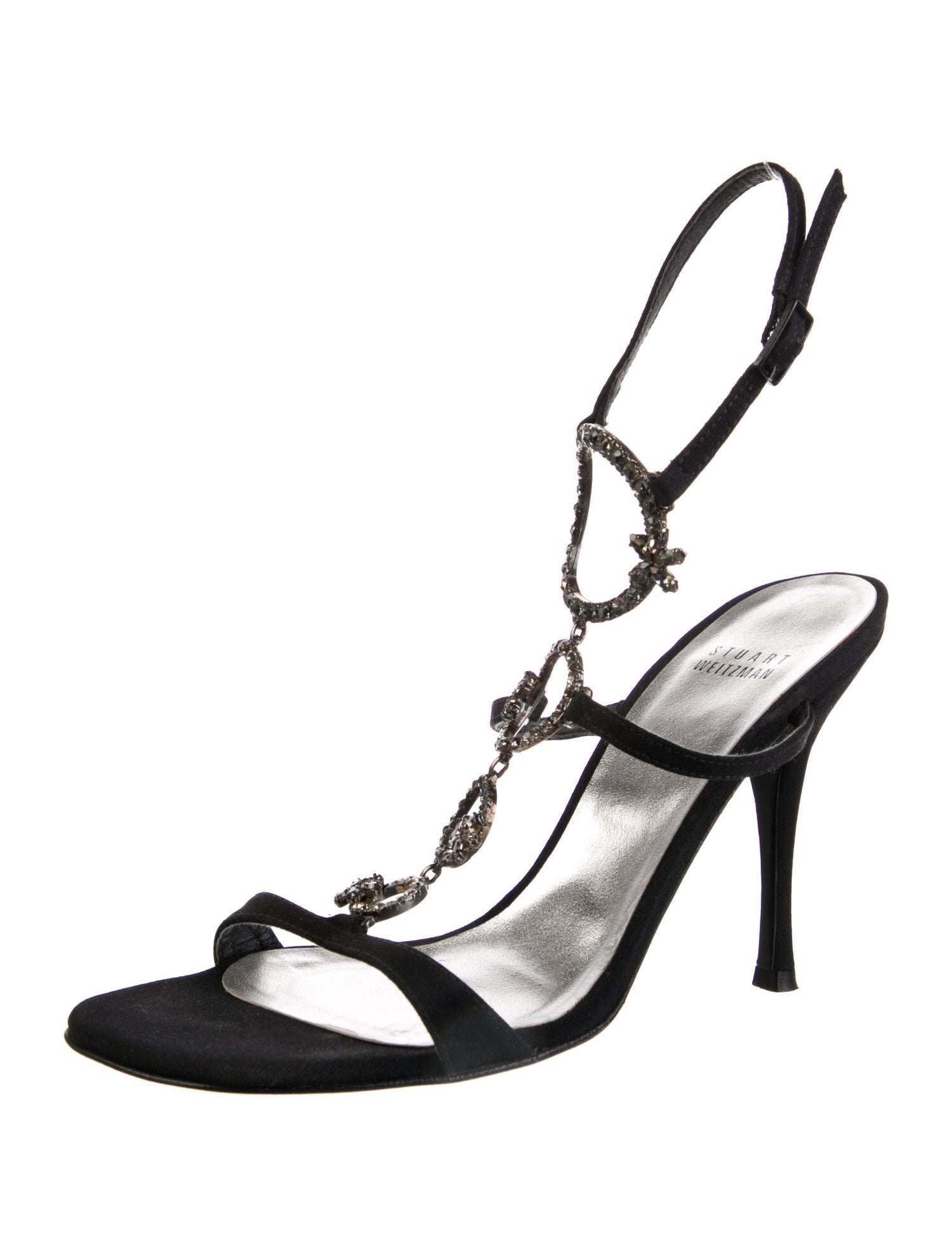 Stuart Weitzman Satin Crystal Embellishments T-Strap Sandals