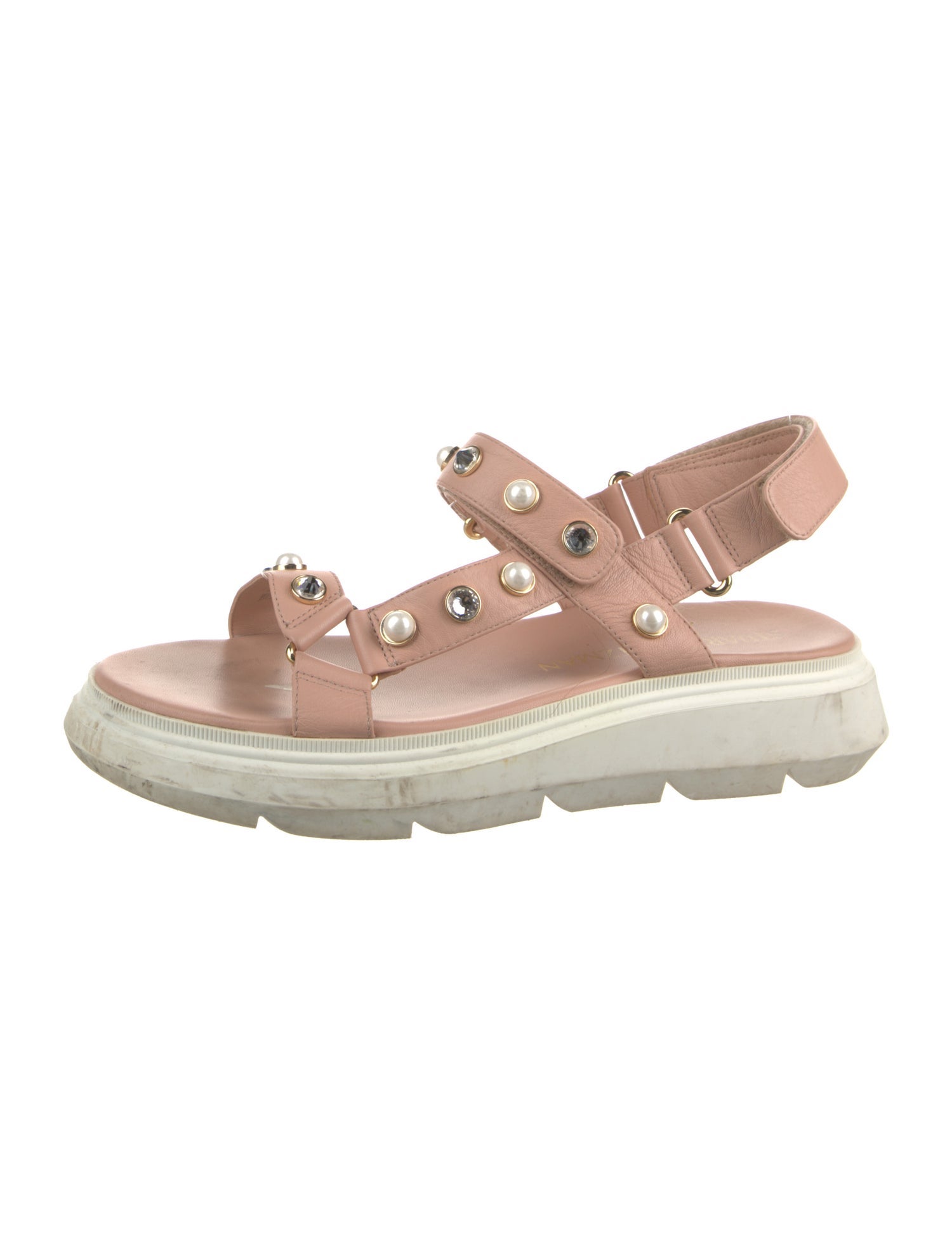 Stuart Weitzman Faux Pearl Accents Leather Gladiator Sandals