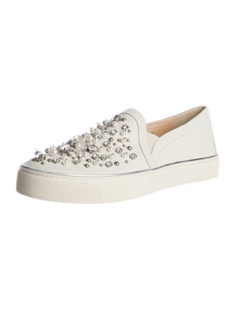 Stuart Weitzman Leather Crystal Embellishments Loafers