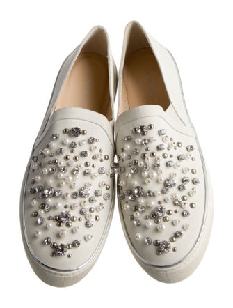 Stuart Weitzman Leather Crystal Embellishments Loafers