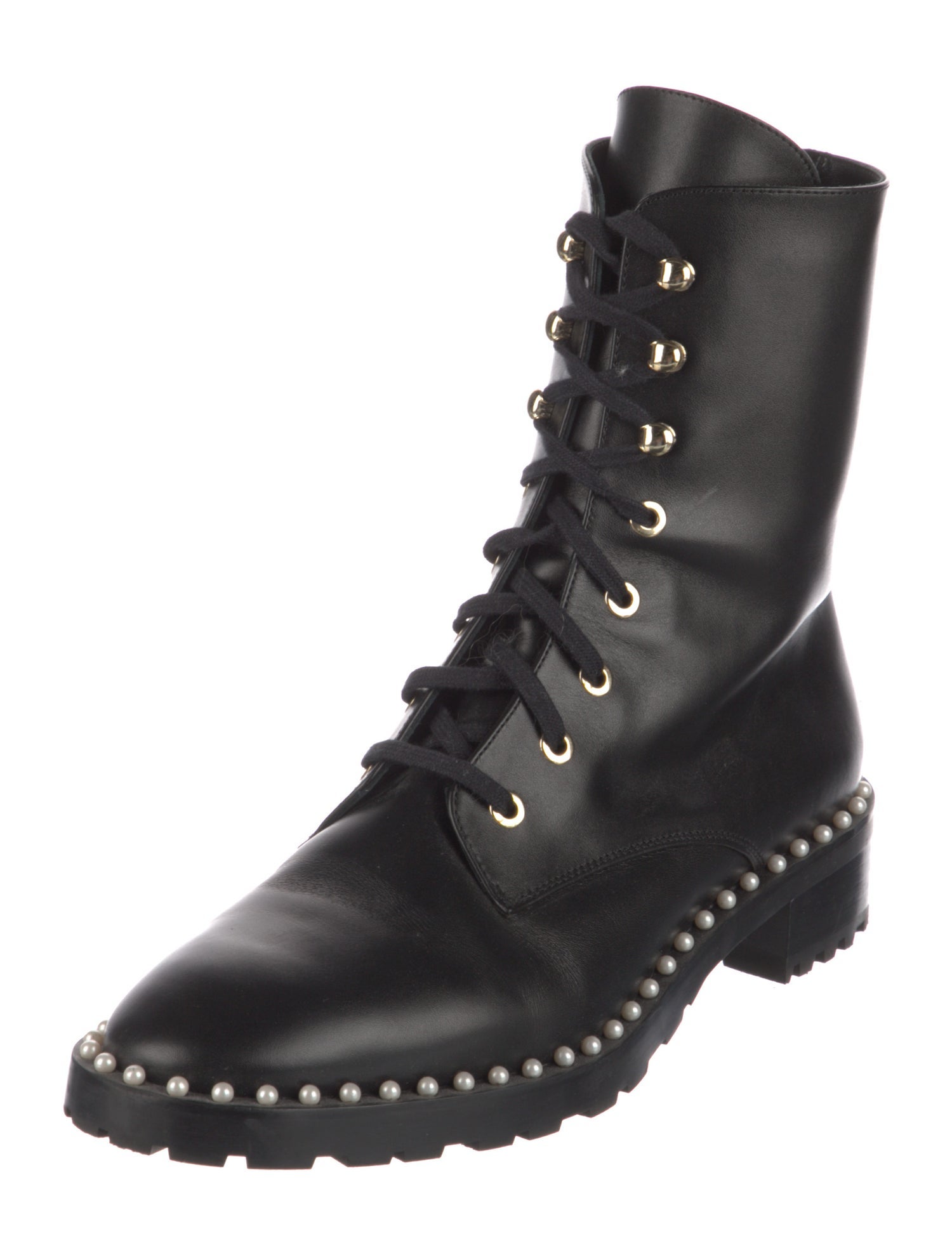 Stuart Weitzman Leather Beaded Accents Combat Boots
