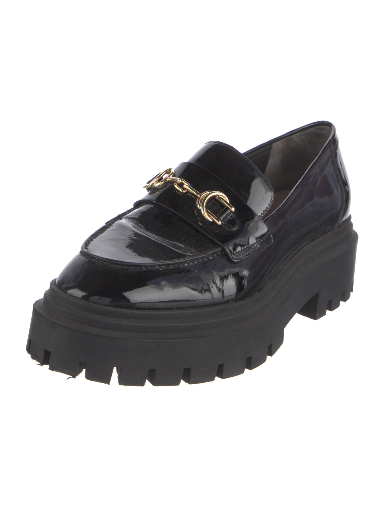 Stuart Weitzman Patent Leather Chain-Link Accents Loafers