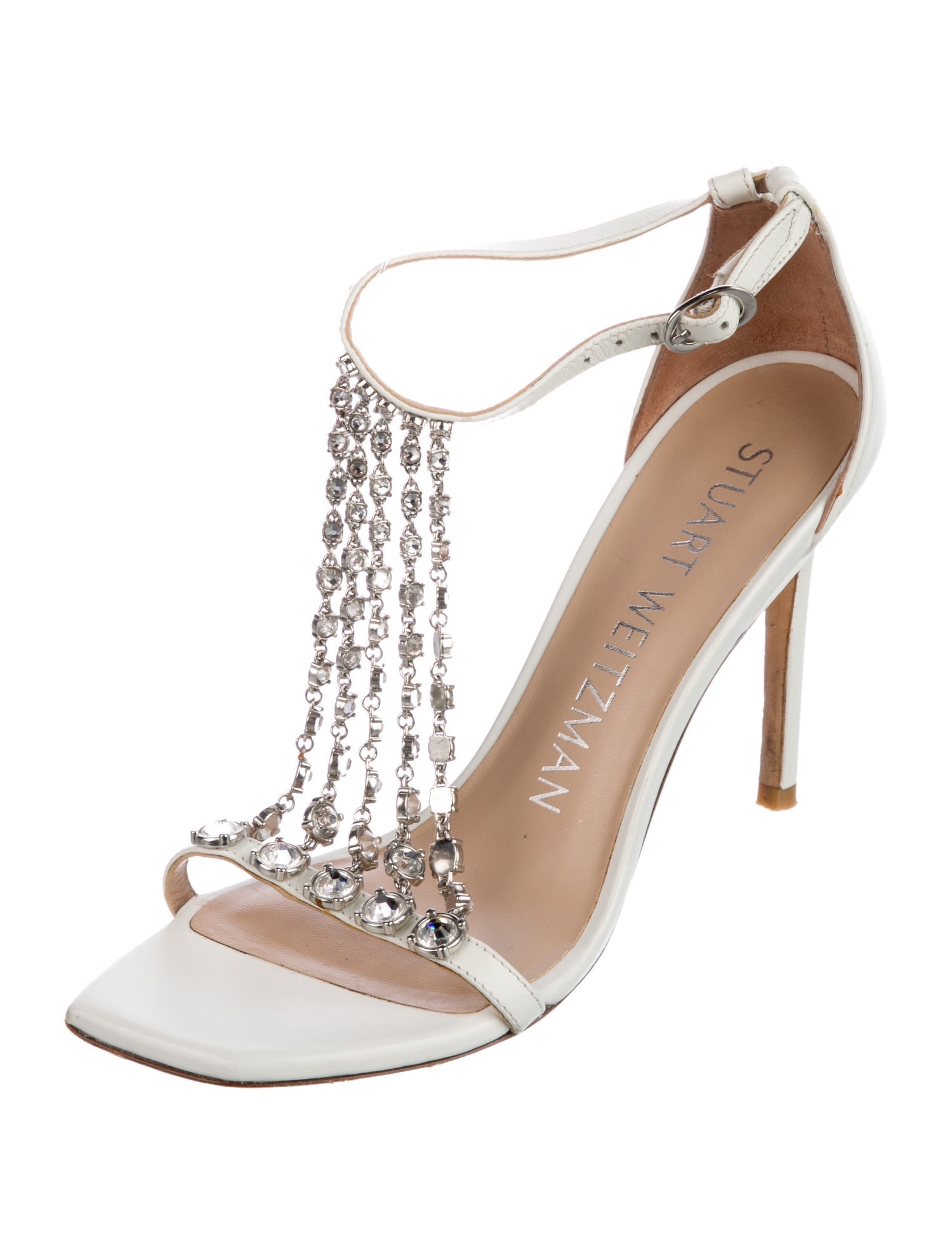Stuart Weitzman Leather Crystal Embellishments T-Strap Sandals