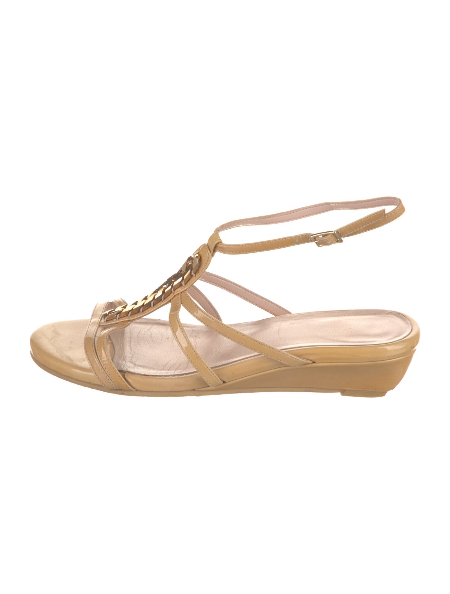 Stuart Weitzman Patent Leather Chain-Link Accents T-Strap Sandals