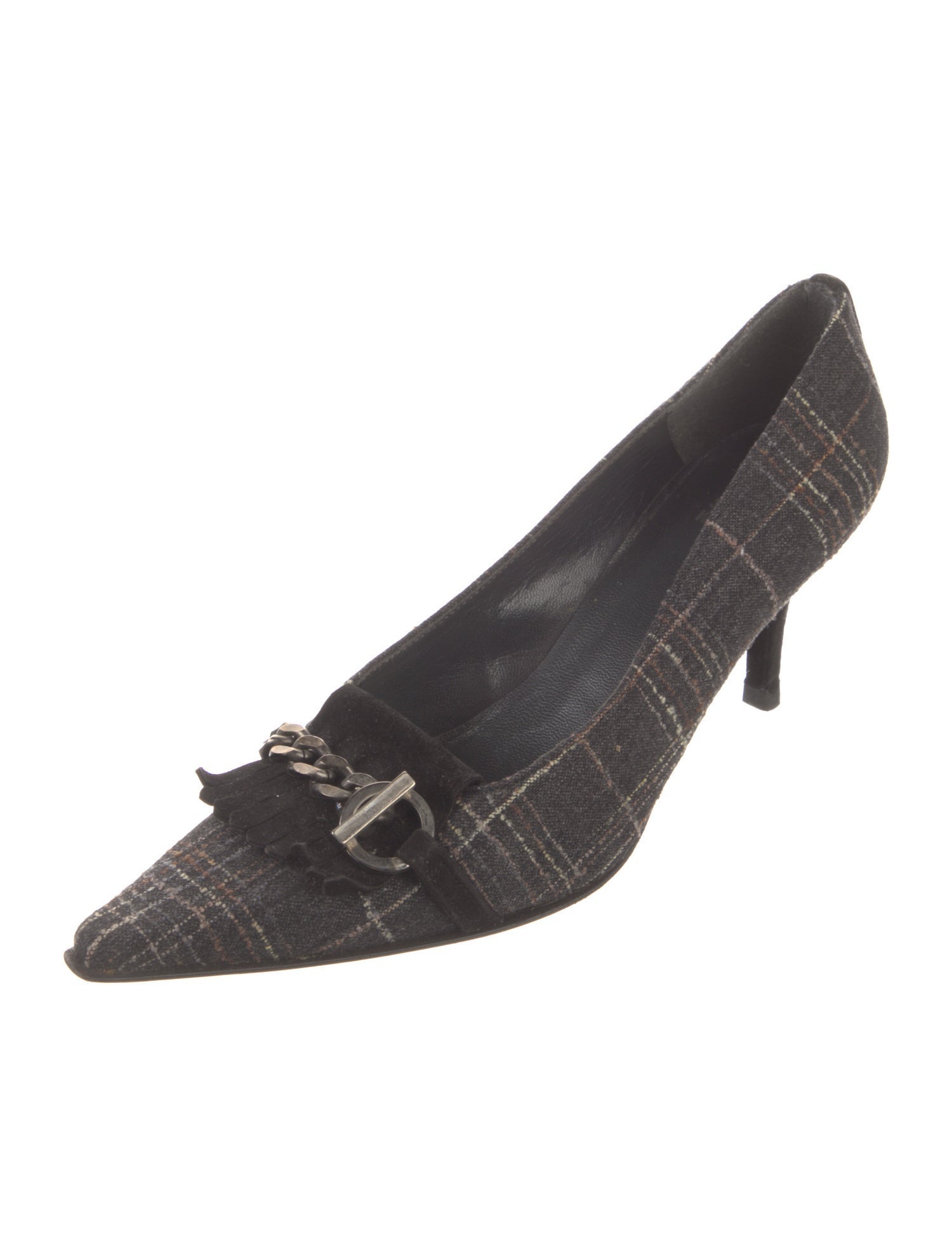Stuart Weitzman Plaid Print Chain-Link Accents Pumps
