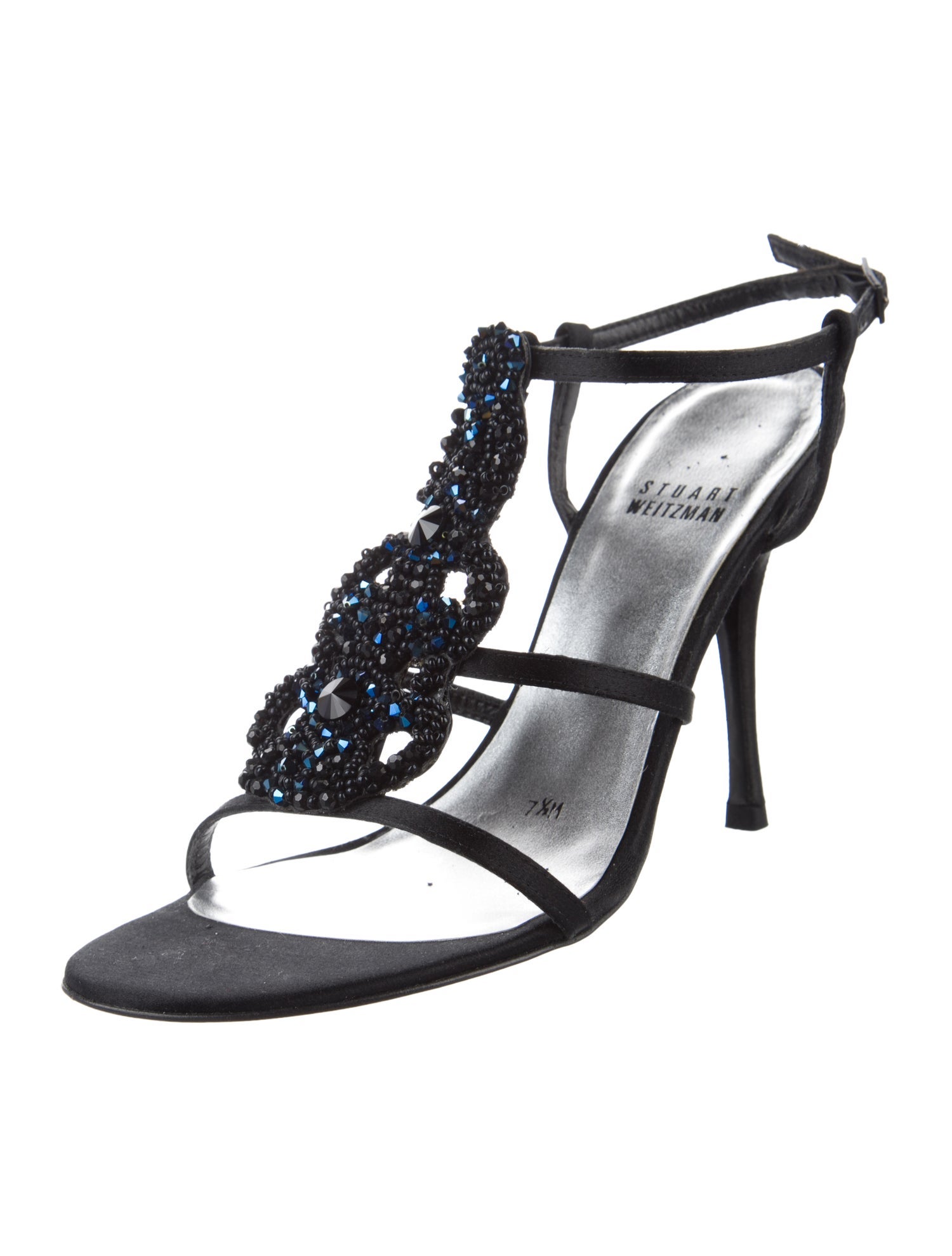 Stuart Weitzman Satin Crystal Embellishments T-Strap Sandals