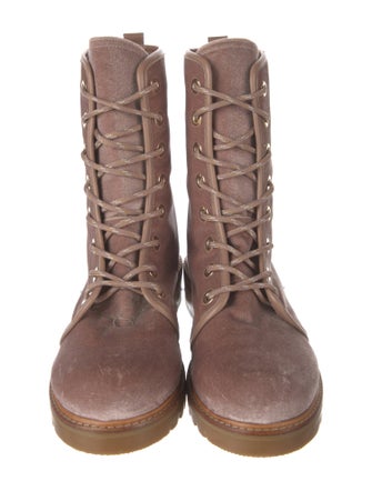 Stuart Weitzman Velvet Leather Trim Embellishment Combat Boots