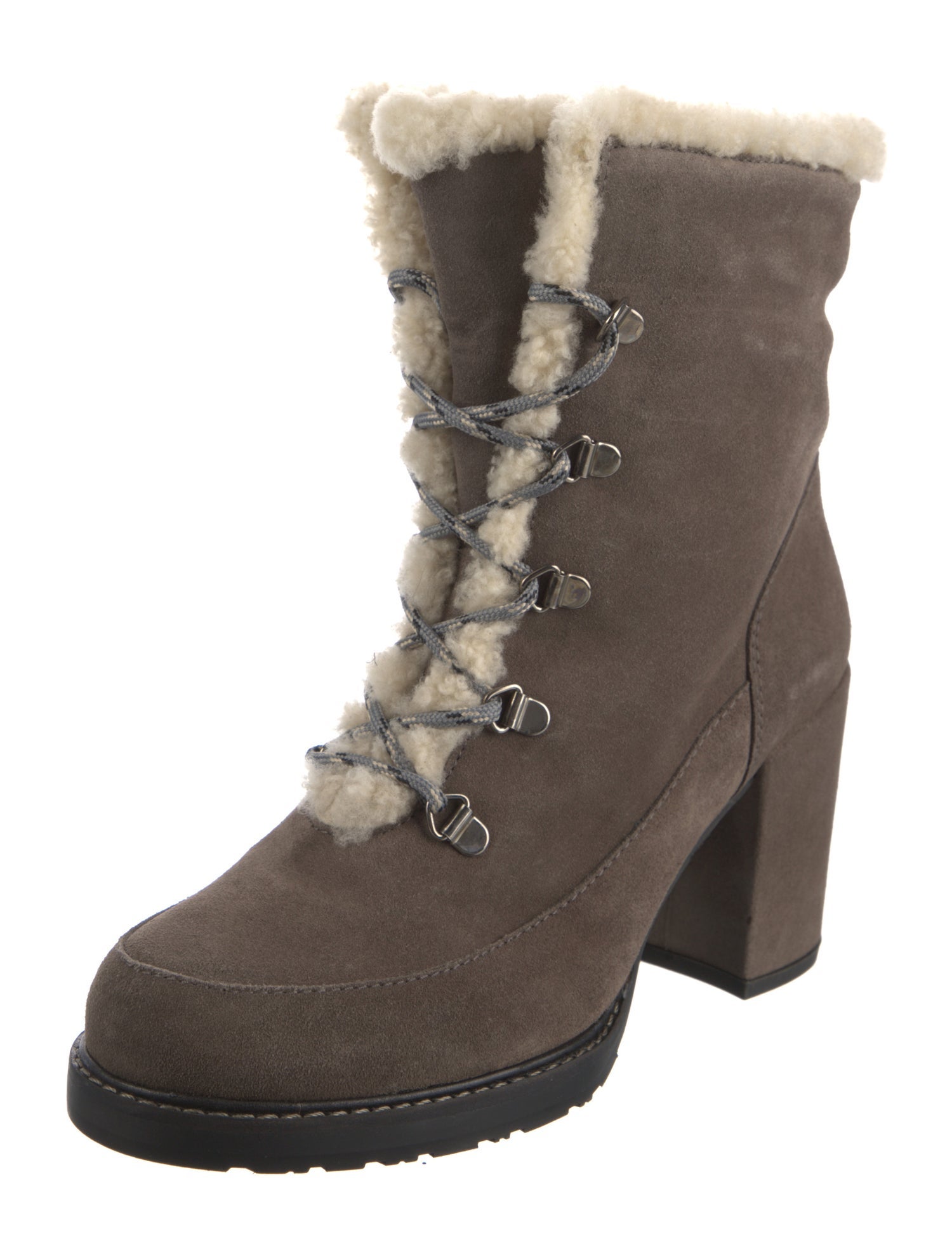 Stuart Weitzman Suede Faux Fur Trim Lace-Up Boots