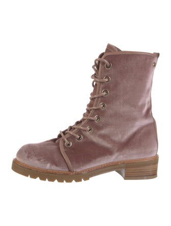 Stuart Weitzman Velvet Leather Trim Embellishment Combat Boots