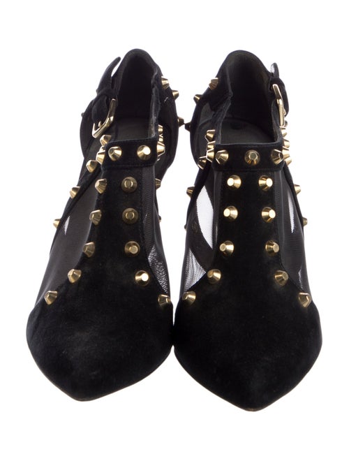 Stuart Weitzman Suede Mesh Accents T-Strap Pumps