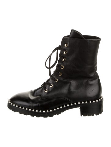 Stuart Weitzman Boots Faux Pearl Accents Leather Combat US 7.5 |