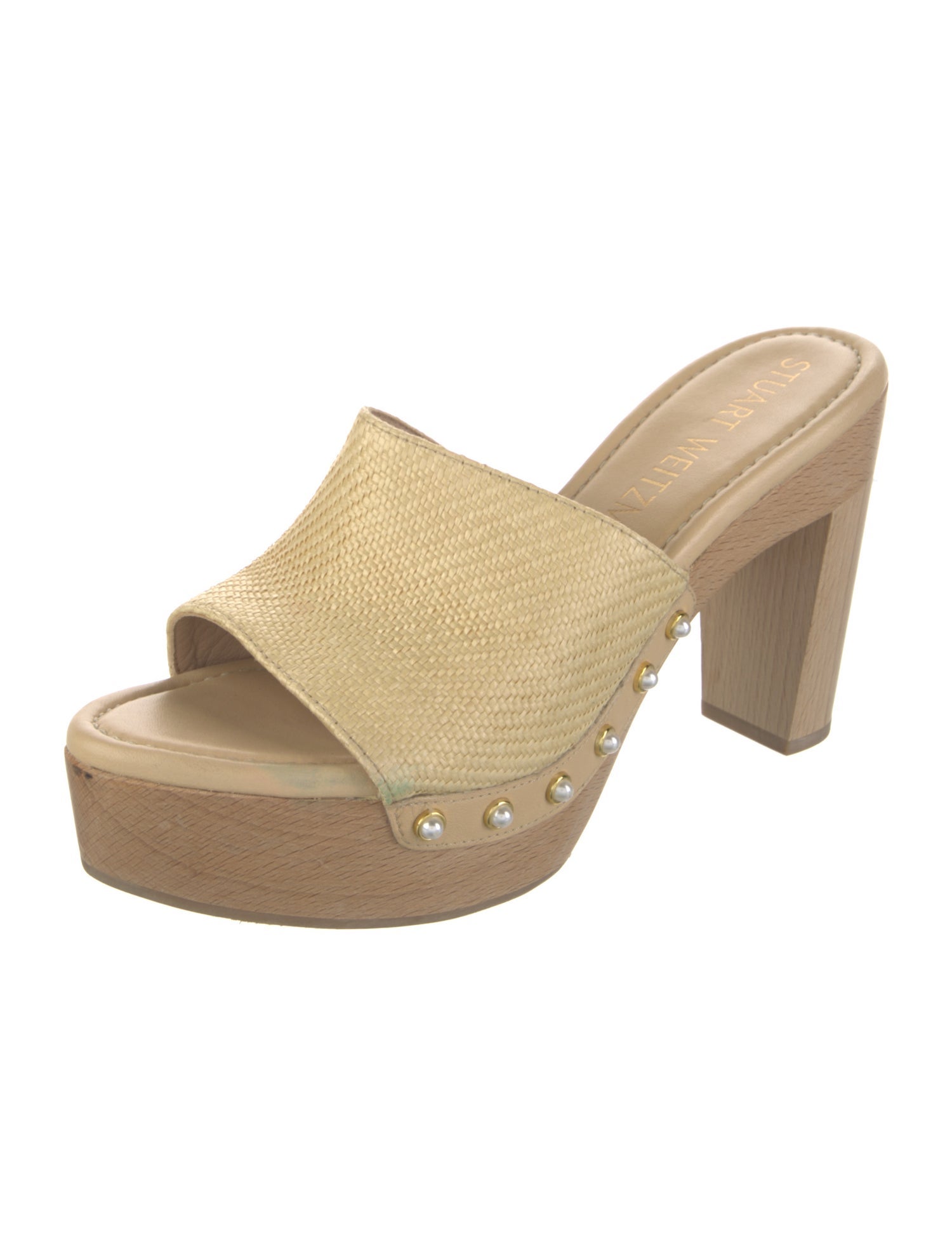 Stuart Weitzman Faux Pearl Accents Raffia Slides