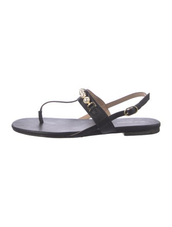 Stuart Weitzman Leather Beaded Accents T-Strap Sandals