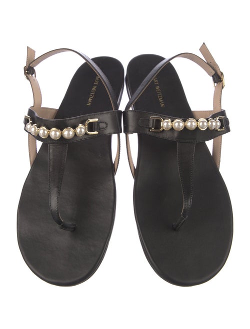 Stuart Weitzman Leather Beaded Accents T-Strap Sandals
