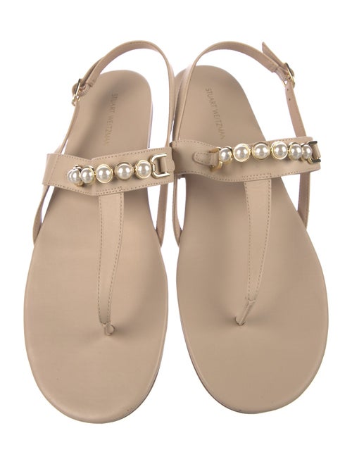 Stuart Weitzman Leather Beaded Accents T-Strap Sandals