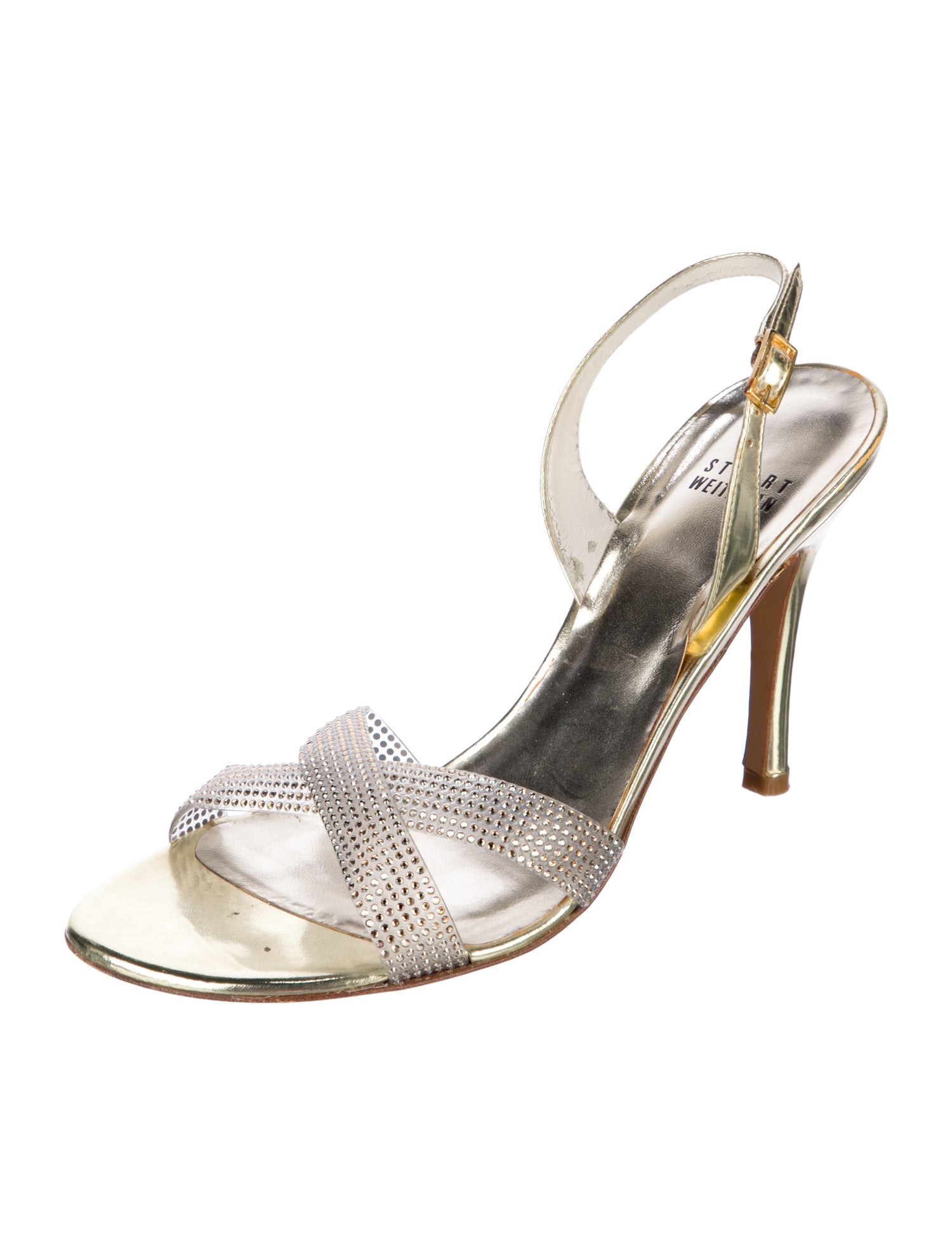 Stuart Weitzman Leather Crystal Embellishments Slingback Sandals