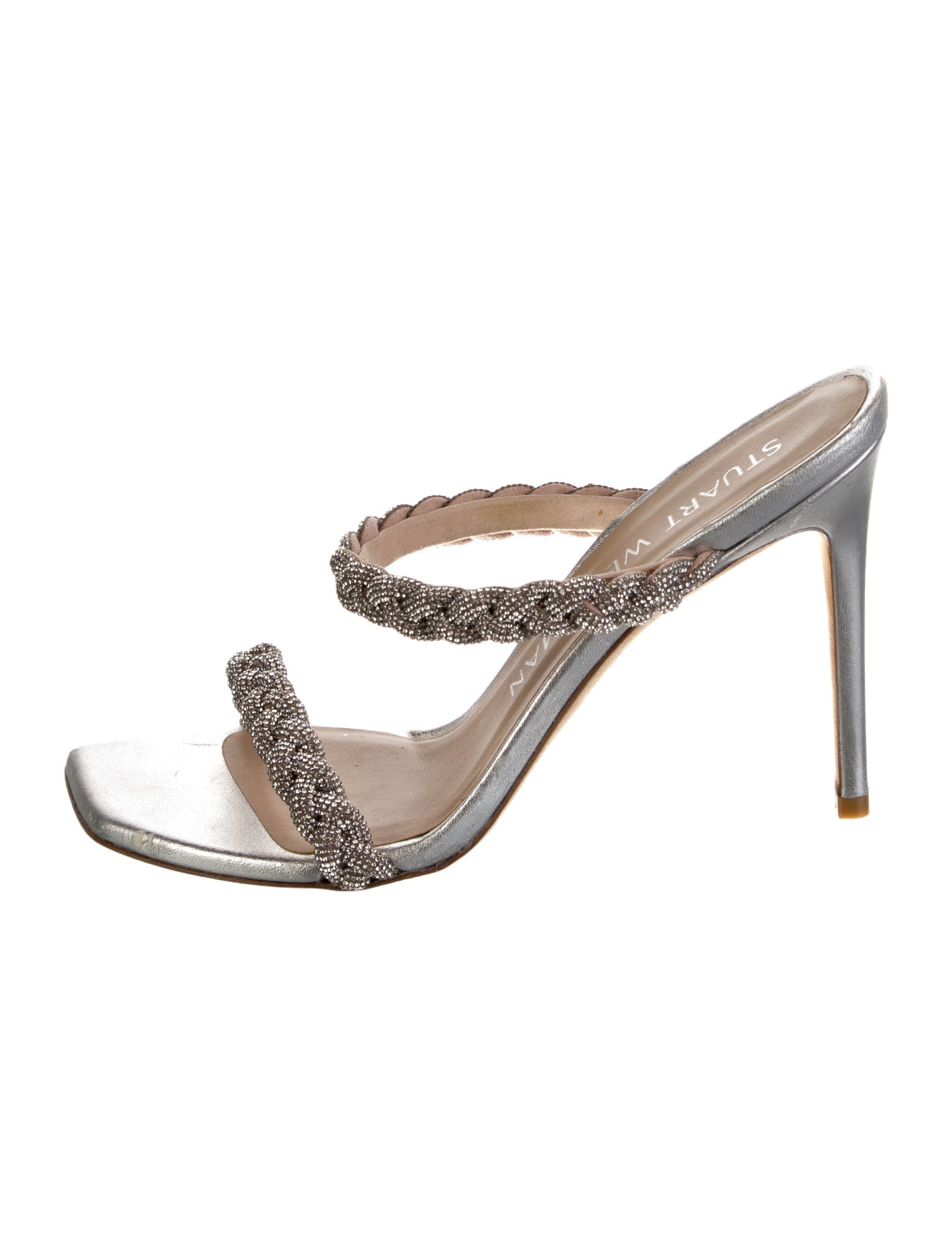 Stuart Weitzman Leather Crystal Embellishments Slides