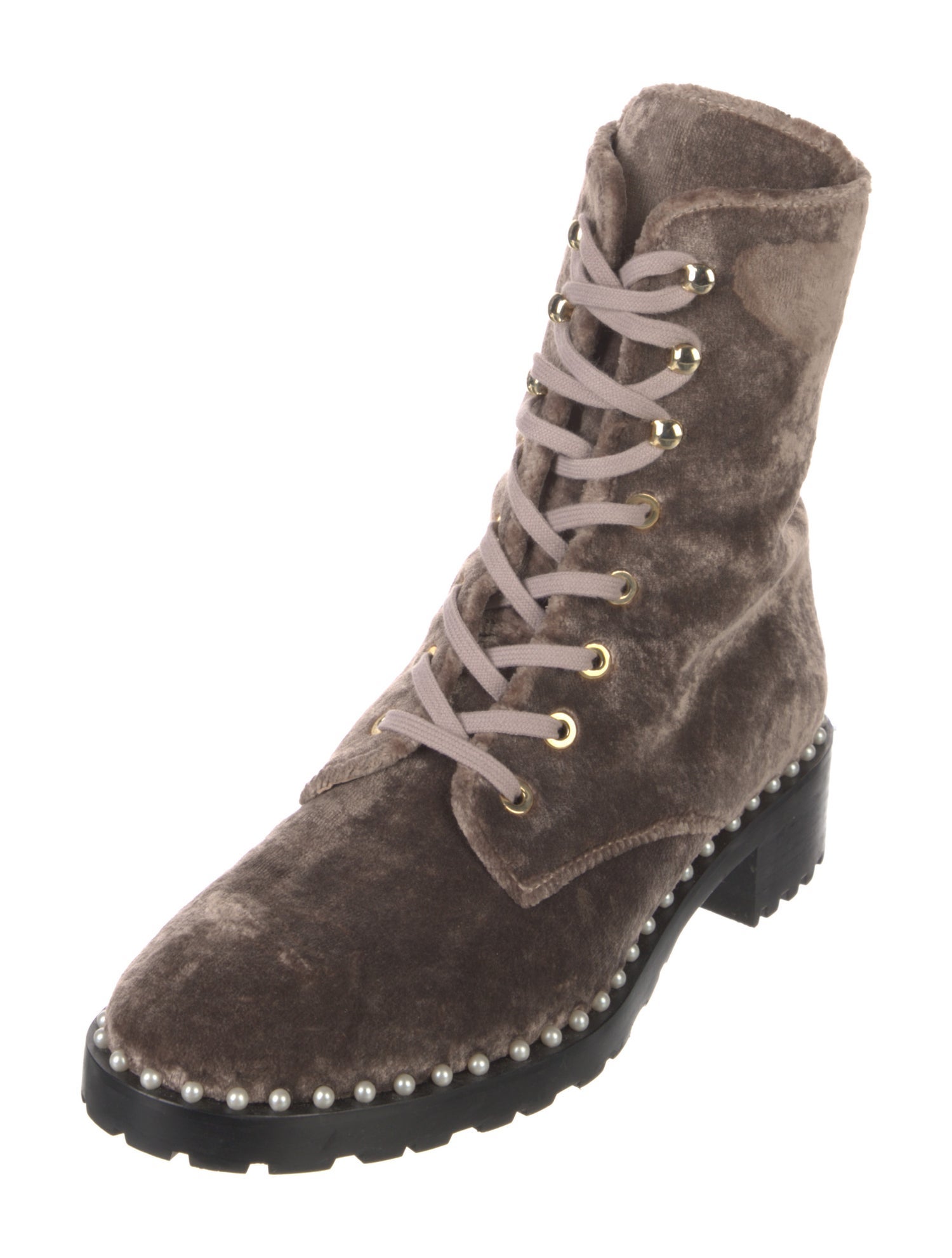 Stuart Weitzman Faux Pearl Accents Velvet Combat Boots