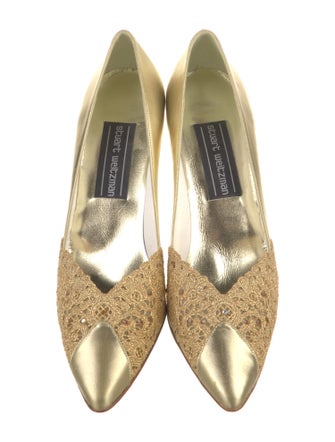 Stuart Weitzman Leather Lace Trim Embellishment Pumps