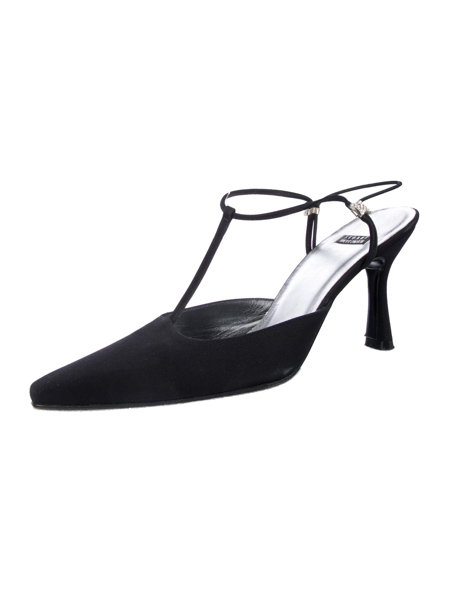 Stuart Weitzman Satin Crystal Embellishments T-Strap Pumps