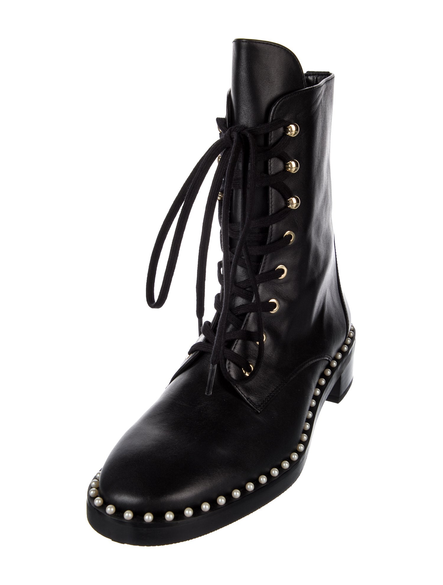 Stuart Weitzman Faux Pearl Accents Leather Combat Boots
